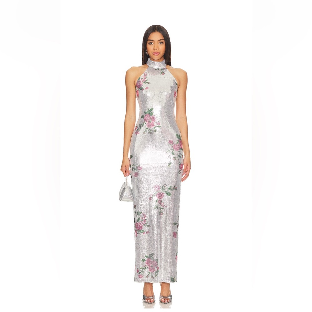 Camila Coelho Luiza Sequin Maxi Dress in Silver Floral - sold out